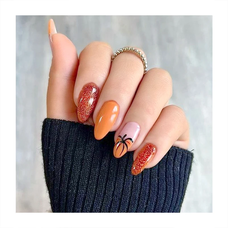 New Design Long Almond False Nails Orange Nail Pumpkin Tip Matte Fingernails Vender Wholesale Press On Nails For Halloween