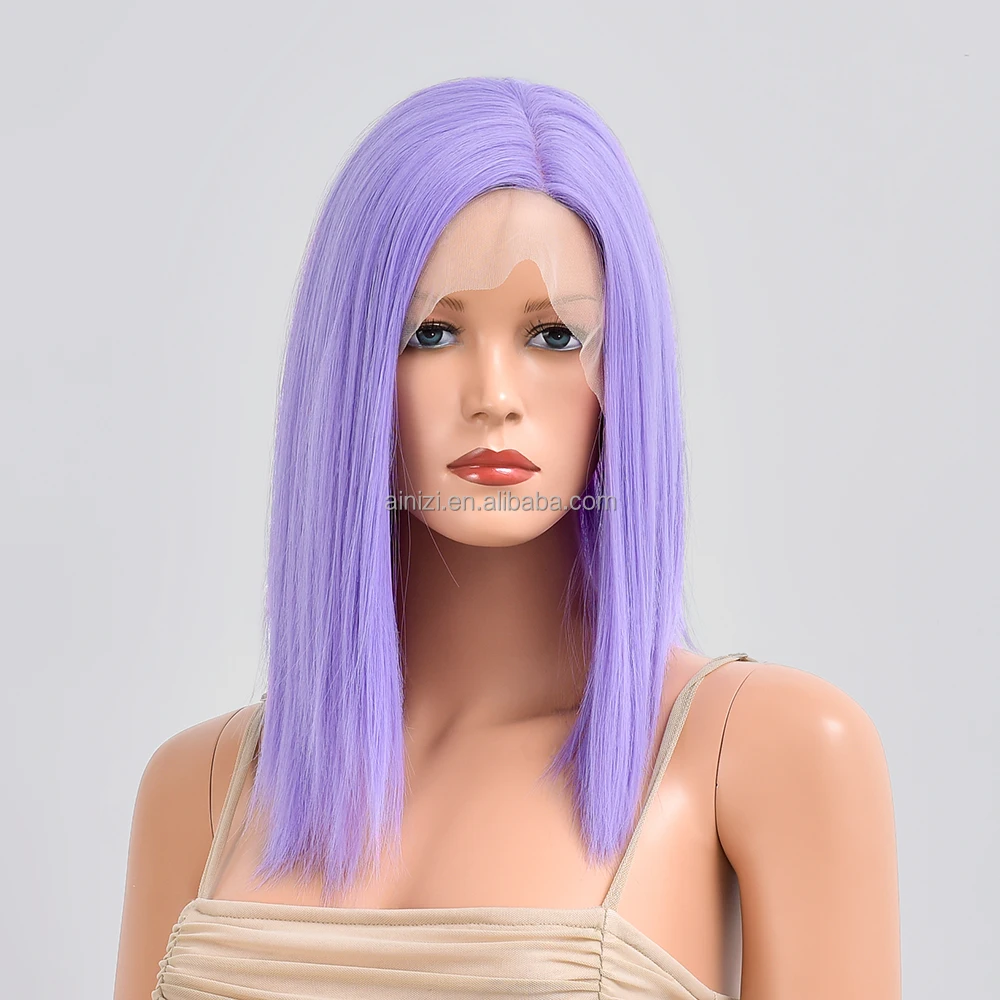Ainizi wholesale high quality fashionable short bob straight 14' light purple synthetic T part lace front wig for women