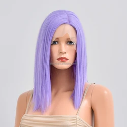 Ainizi wholesale high quality fashionable short bob straight 14' light purple synthetic T part lace front wig for women