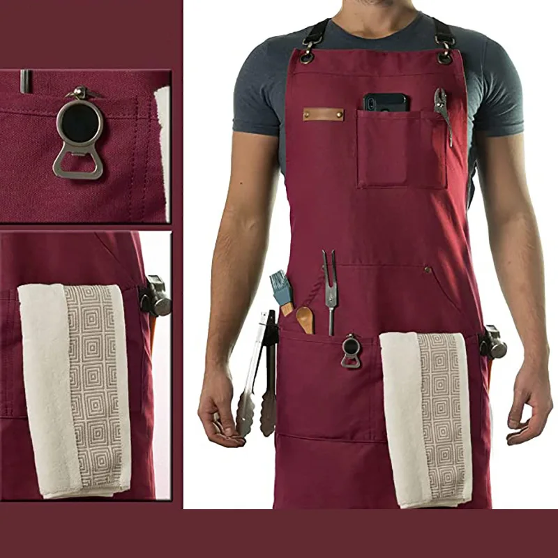 Wholesale Custom Logo Cotton Canvas Waterproof Chef Cooking Aprons For Cafe Restaurants Kitchen bbq Apron