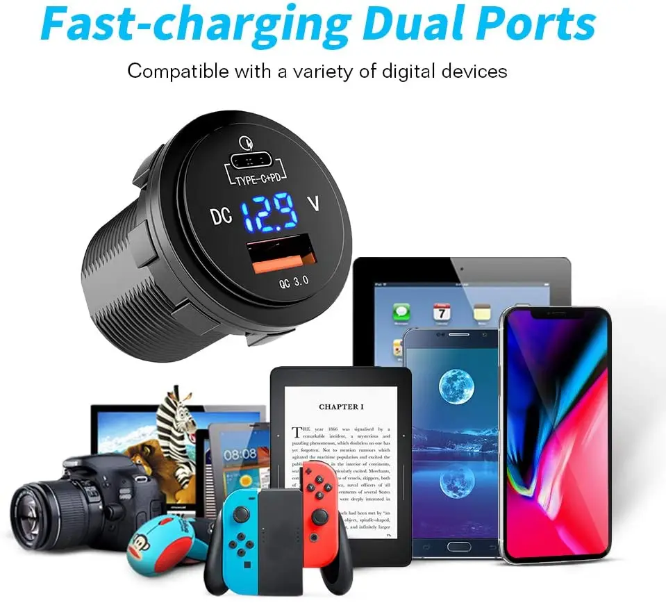 36 Вт Быстрая зарядка PD USB-C автомобильное зарядное устройство с USB Quick Charge 3 0 и Тип C разъем со светодиодной цифровой вольтметр