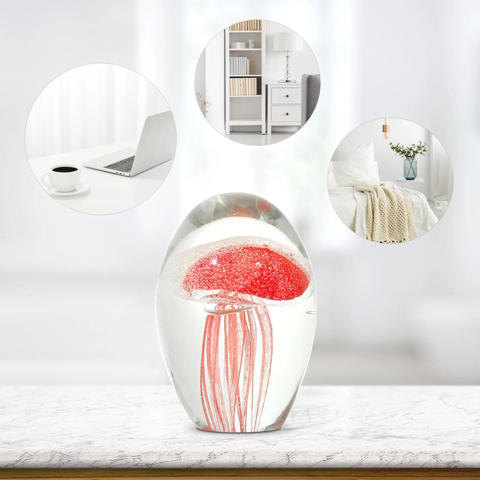 Handmade Paperweight  Blown Glass Crystal Jellyfish Art Statue for Desk & Fish Tank Ornament Home Decor