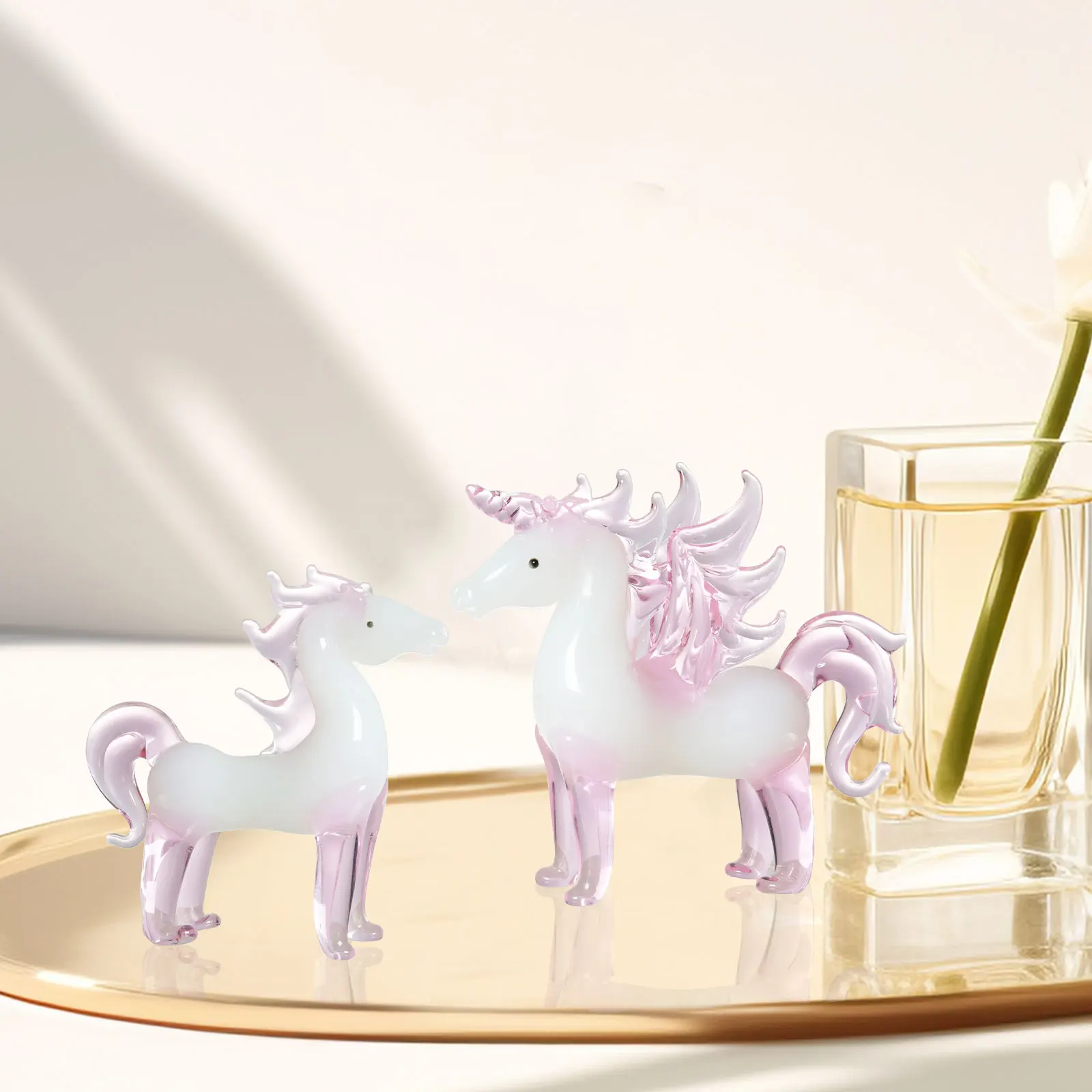 Pink Glass Crystal Horse Animal Figurines 2PCS  Set Miniature Paperweight  Gift Home Decoration