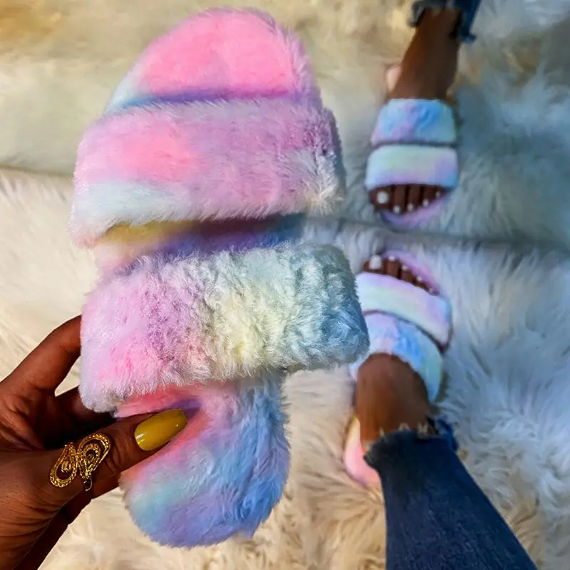 Fashion summer bedroom furry ladies slides flat tie dye color women flat fur slides