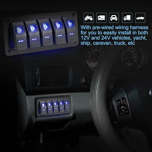 5 Gang Rocker Switch Panel Blue Backlit 12V 24V Pre-Wired Rocker Switch for Automotive Car Marine Boat RV