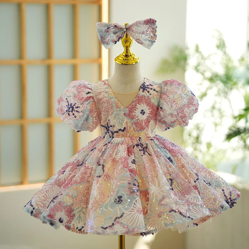 Wholesale Sequined Embroidery Pink Flower Girls Dresses Wedding Apparel Baby Evening Party Gown Toddler Kids Pageant Clothing