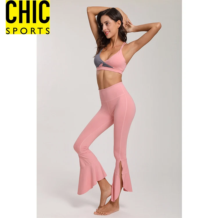 
Sexy Pink Ruffle Flare Dance Leggings Fitness Sports Bell Bottom Beauty Women Wide Leg Yoga Pants 