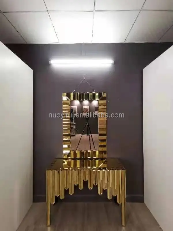Modern Luxury L V Shape Gold And Mirrored Glass Console Table With Square Mirror Set Sideboard Vintage
