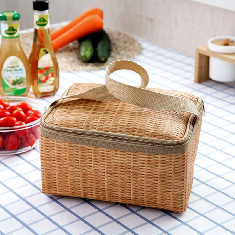 Portable Camping Picnic Bags Rattan Picnic Bag Insulated Thermal Cooler Basket Lunch Storage Box