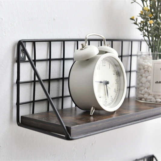 Vintage beauty products display wooden wall mounted shelf with metal frame, rustic decoration wall shelf for living room