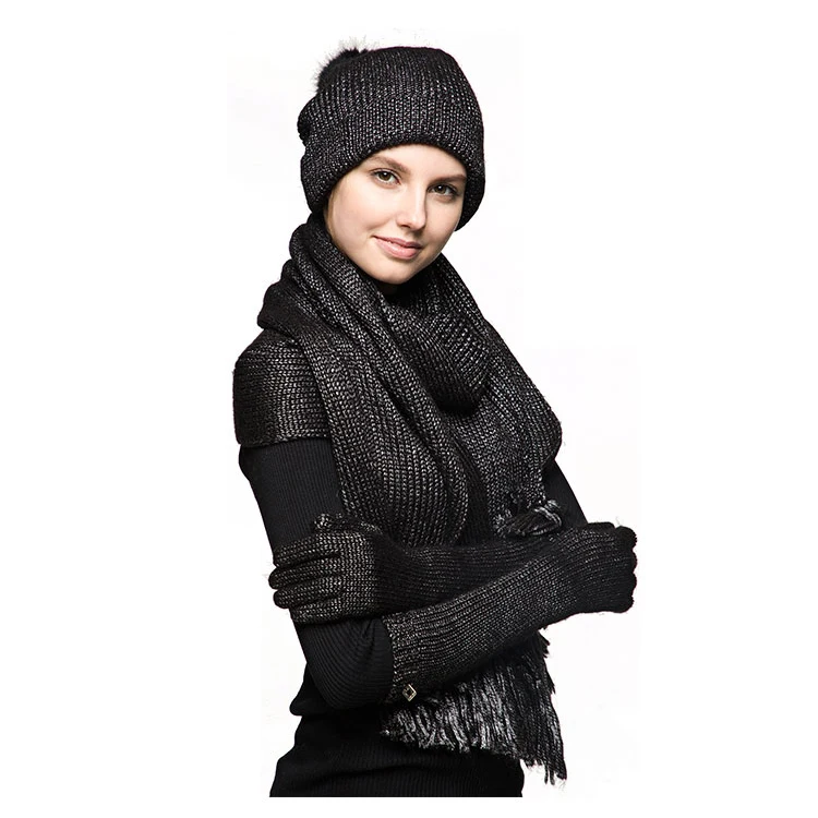 Wholesale Women Custo Experience Fashion New Knitted Cashmere Black Gloves Scarf Hat Set