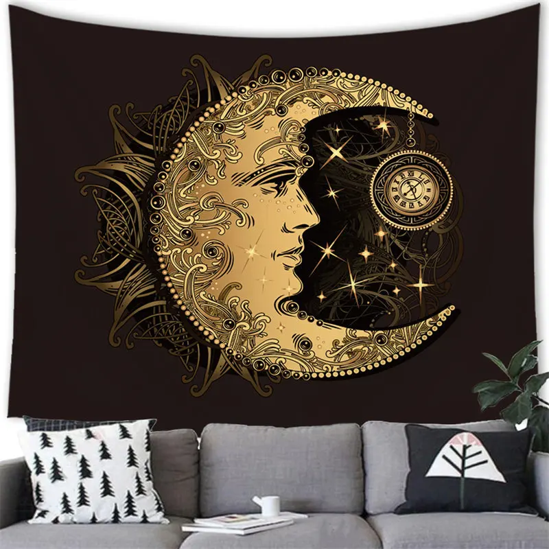 80W X 60L Inches Sacred Spirituality Esoteric Collection Aesthetic Sun and Moon Gold Eagle Black Tapestry for Bedroom