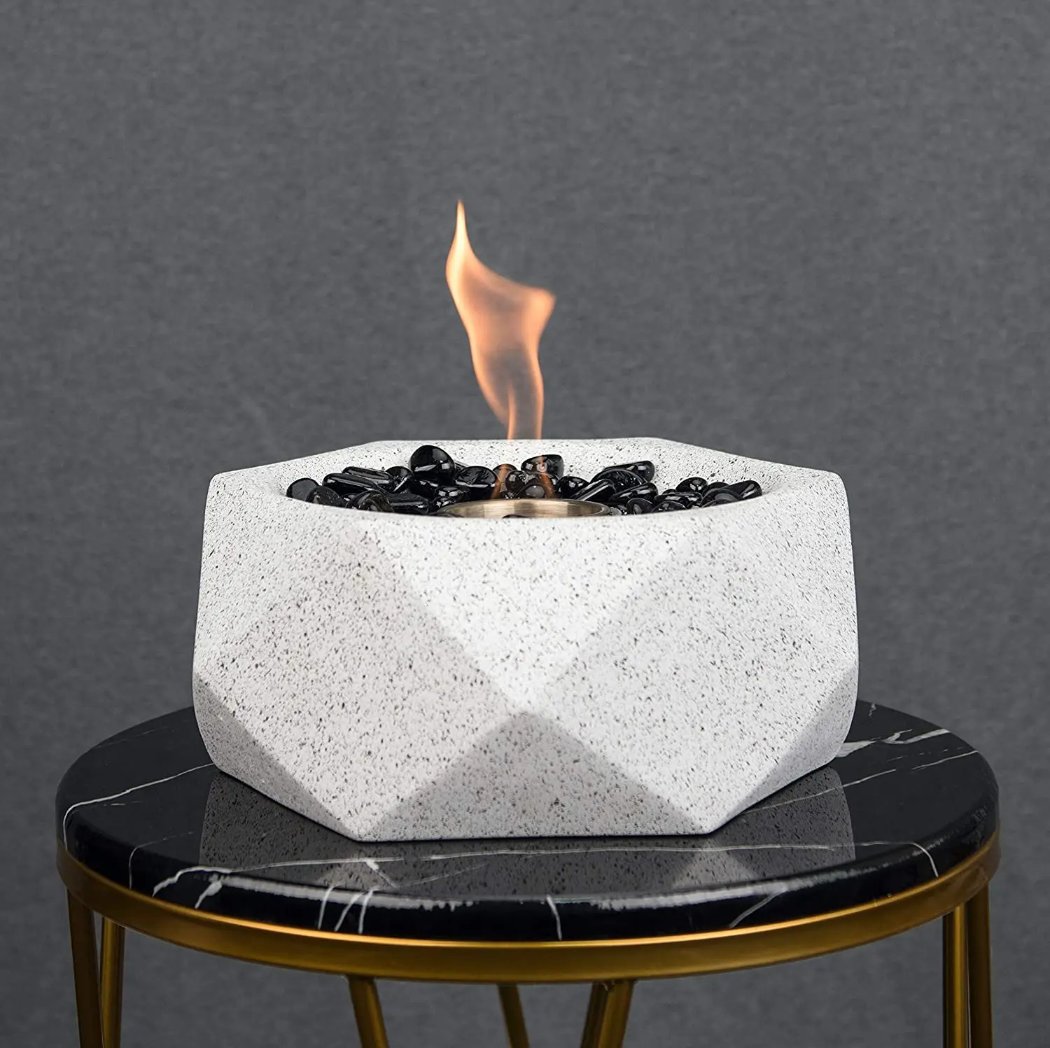 Light Grey Geometric Table Top Fire Bowl Ventless Outdoor Cement Portable Bio Ethanol Fire Pit Modern Round Table Fireplace