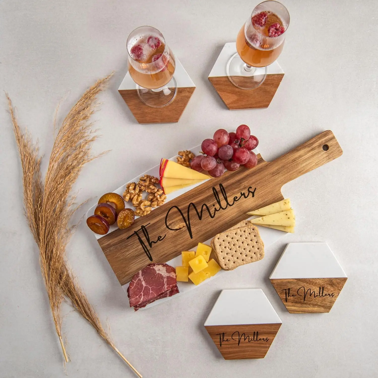 Wedding Anniversary Gift Acacia Wood Marble Coasters Charcuterie Cheeseboard Personalized Marble Wooden Cutting Board