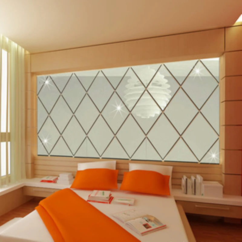 FUNLIFE Wholesale Mirror Wall Sticker Silver Mirror Decals Self-Adhesive Hollow 3d Diamond Wall Decal Mirror Stickers for Bar