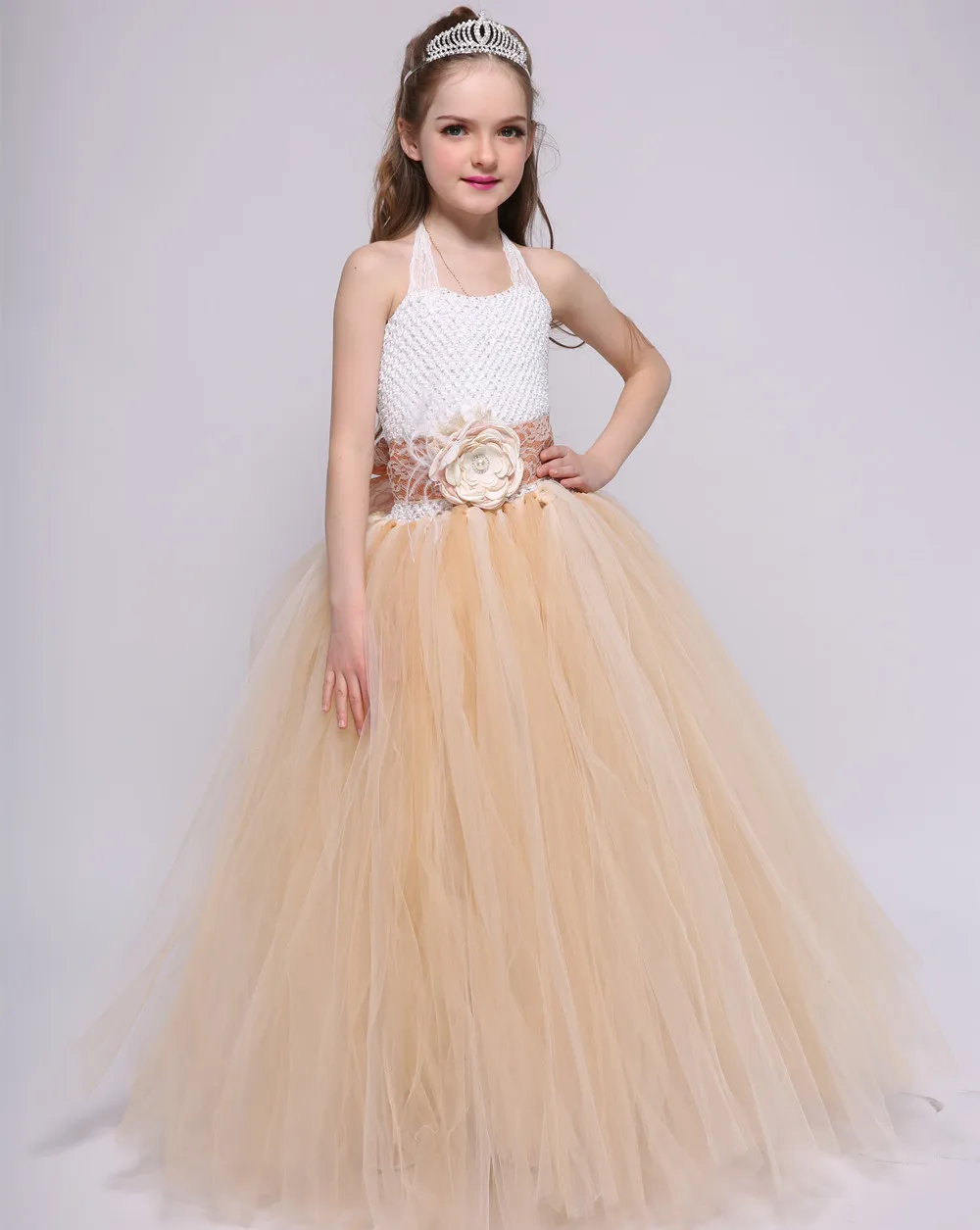 Classic Younger Flower Girl Princess Frock Apricot Long Tulle 12 Years Old Girls vestido de casamento
