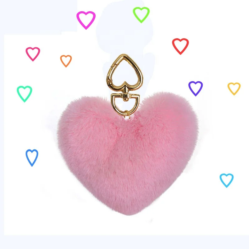Оптовая продажа, цветной персонализируемый плюшевый материал, в форме сердца, персикового сердца, проверенный брелок с меховым шариком