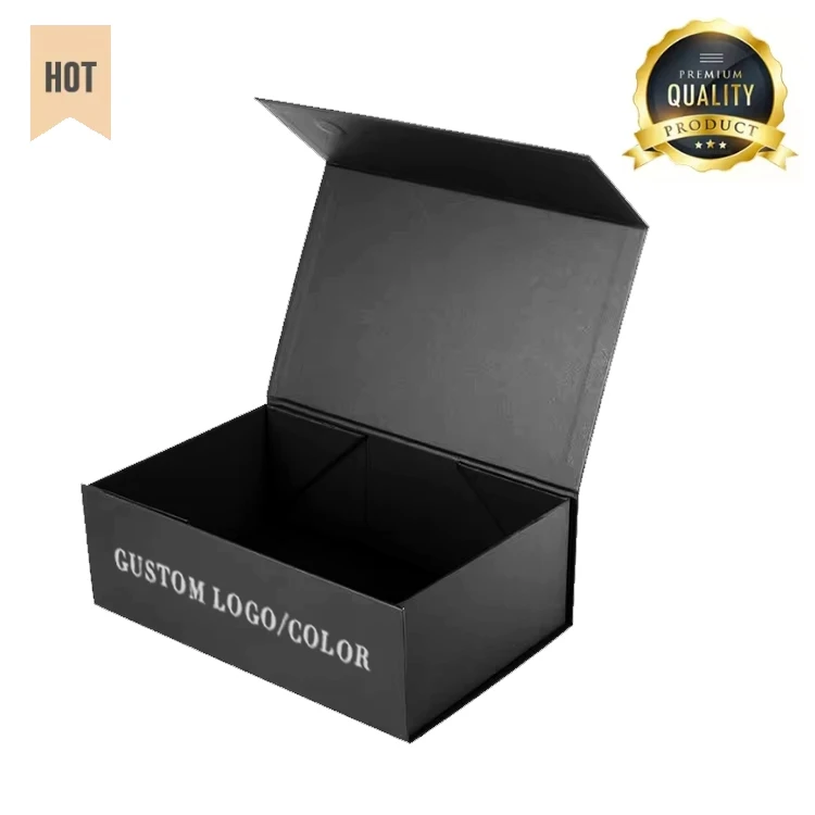 Custom Logo Black Cardboard Gift Box Foldable Rectangle Hard Paper with Magnetic Closure 2mm Thickness Face Cream Shoe Packaging