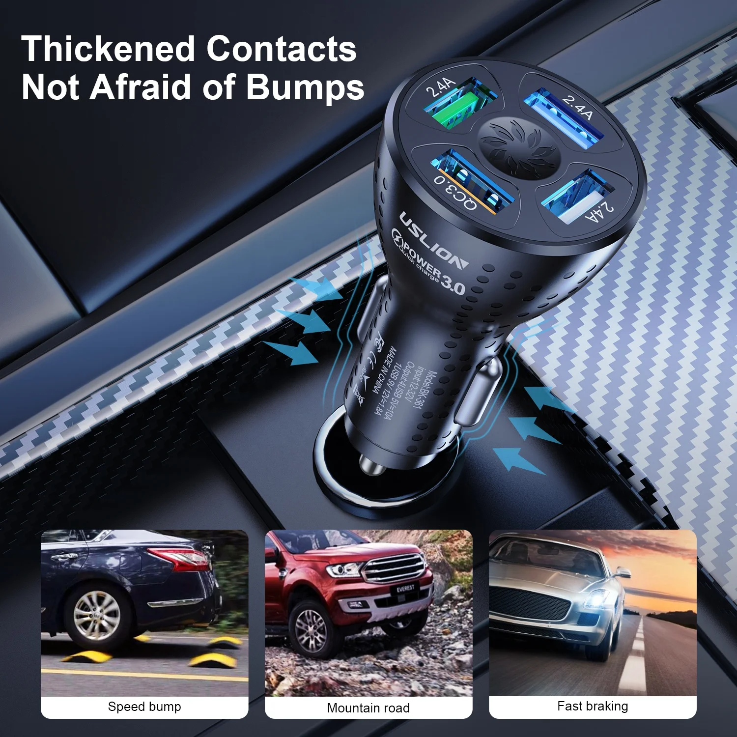 USLION 50W 4 Ports USB Car Charger QC3.0 Mini Fast Charging For iPhone 13 12 11 Huawei Phone Charger Adapter in Car Accessories