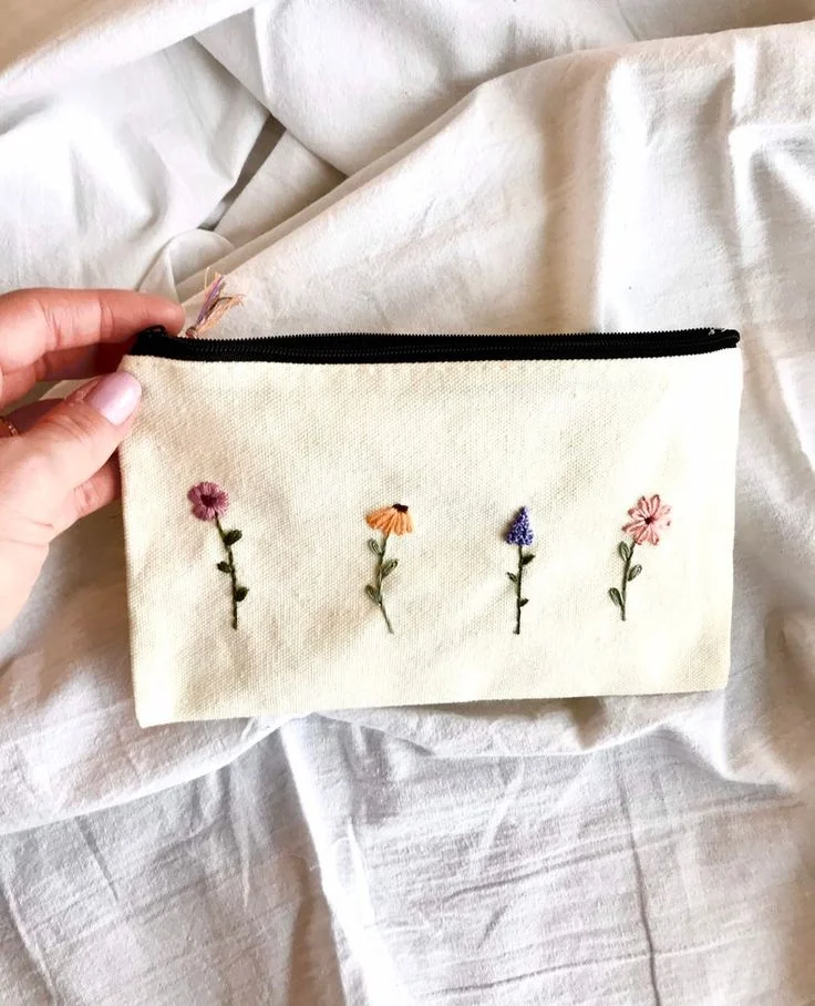 Wildflowers Hand Embroidered Canvas Pouch with Zipper Cosmetic Bag Pencil Case Wallet Toiletry Bag