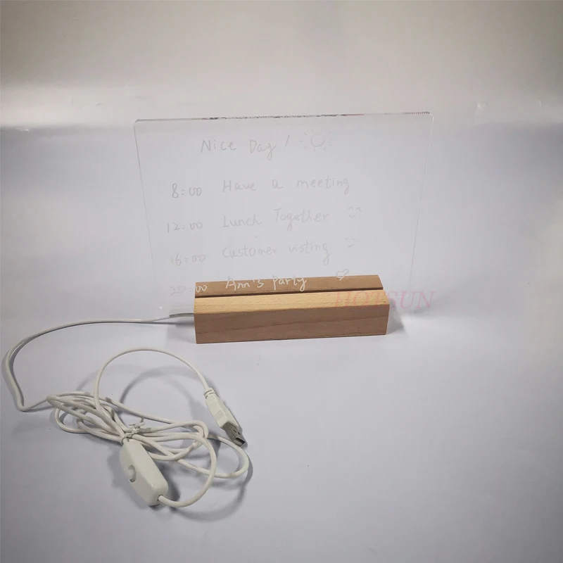 Fast Delivery LED Light up Message Board Acrylic Dry Erase Board with Wooden Base Stand