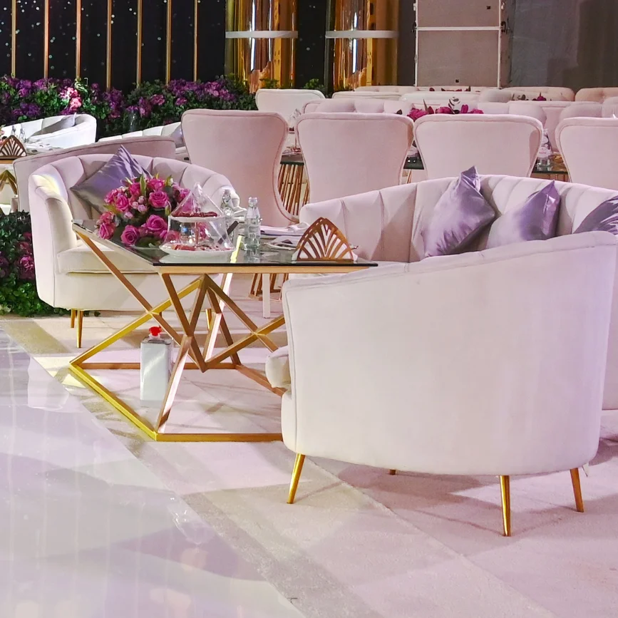 Round tempered large square transparent plexiglass gold and metal frame silver modern coffee table set for wedding event