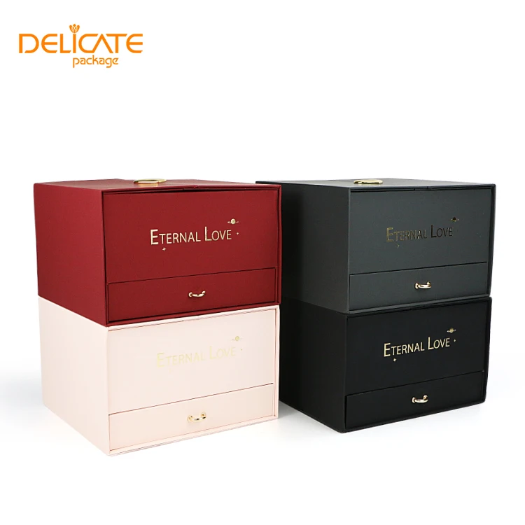 Customized Wholesale Black Pink Flower Jewelry Double Door Gift Box Lift Drawer Packaging Mirror Flower Gift Box