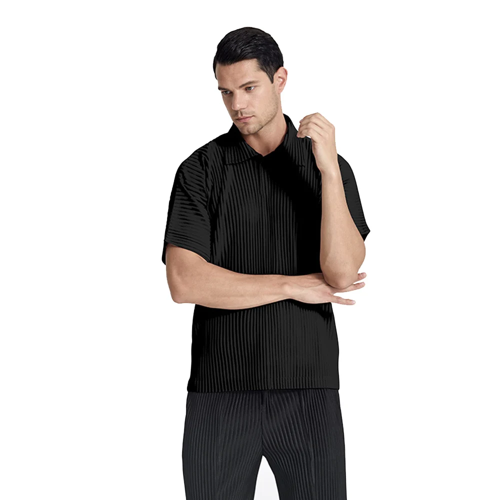FXZ new men short-sleeved Polo shirt casual solid color shrink-proof quick-drying leisure Japanese style pleated men top