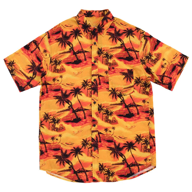 High quality short sleeve loose fit coconut tree all over print custom button up hawaiian shirt for men