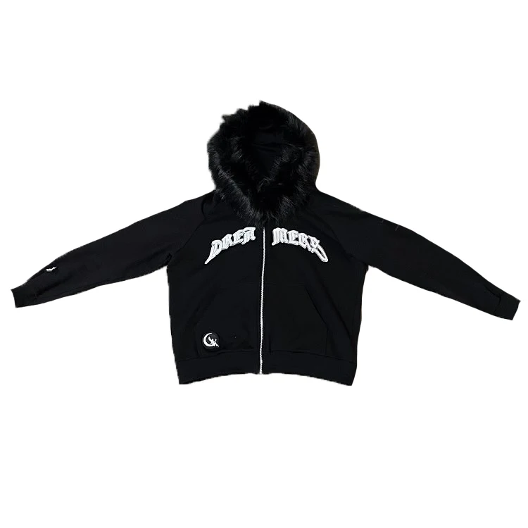 Custom High Quality  Keep Warm Fur Jacket Distress Embroidery Patch Heavyweight Zip Up Fur Hoodies Men