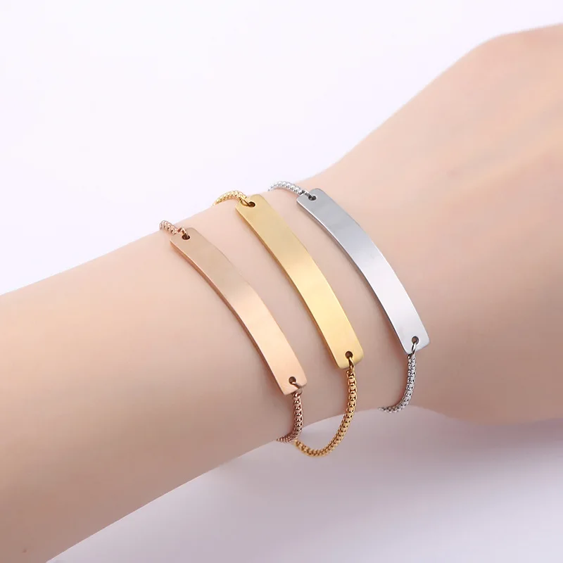 New Arrival Hot Adjustable Stainless Steel Chain Bracelet Custom Engraved Strip Bar Bracelet