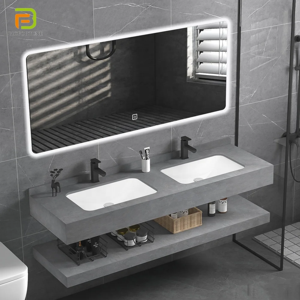 Customized double integrated sink bathroom vanity cabinet set with marble counter top basin