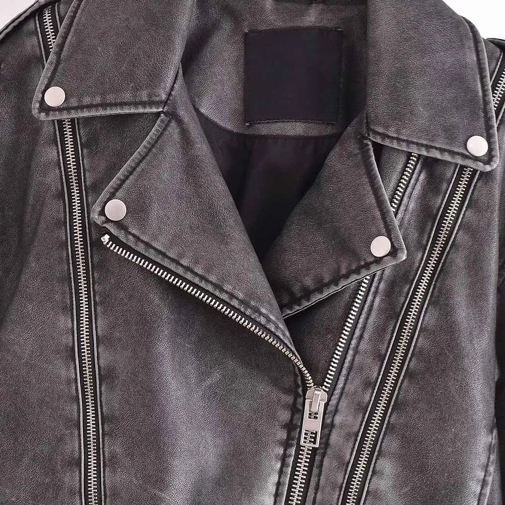 PB&ZA Women 2023 autumn New Fashion Making old leather bikes Jacket Coat Vintage Long Sleeve zipper Female Outerwear