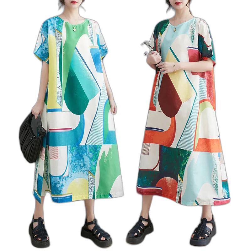 BOJIN New Arrival Summer Literature Large Loose Mid Length Dress Round Collar Slim Printed Panel Short Sleeves A-line Dresses