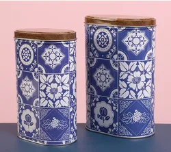 Customized Food Grade Container Metal Blue and White Porcelain Print Round Luxury Packaging Tea Tin Box Caddy Coffee Tin Cans