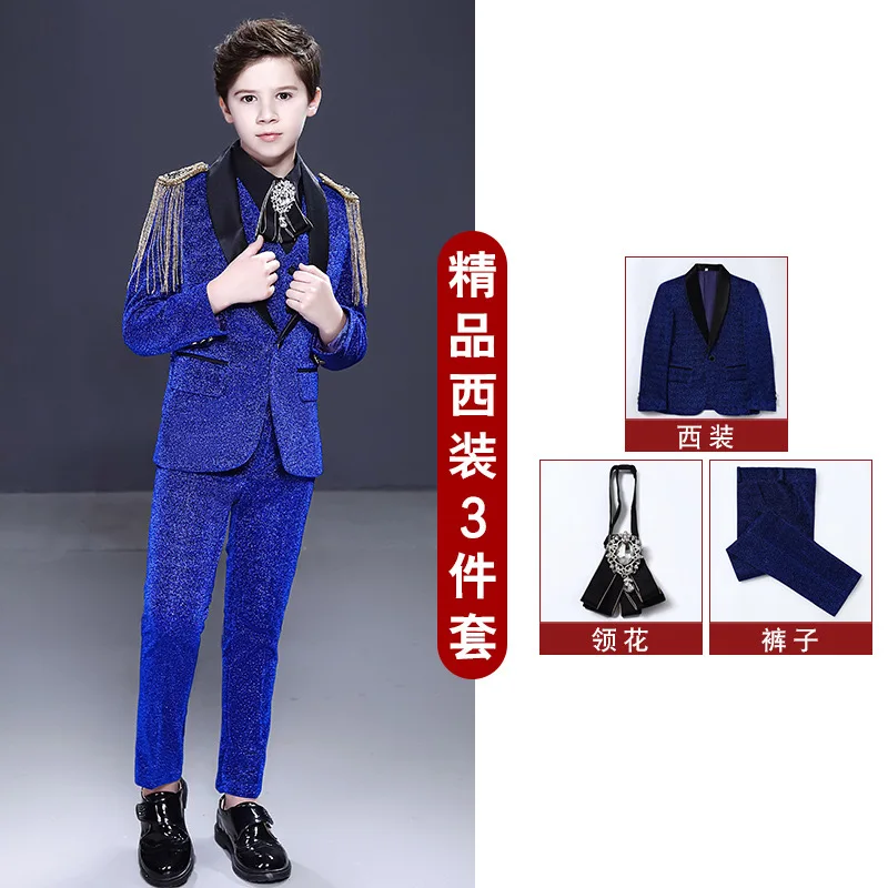NIMBLE Blue Elaborate Sequined Men Suit Host Piano Performance Flower Boys Texido Blazer Kids Clothing Children Wear Plus Size