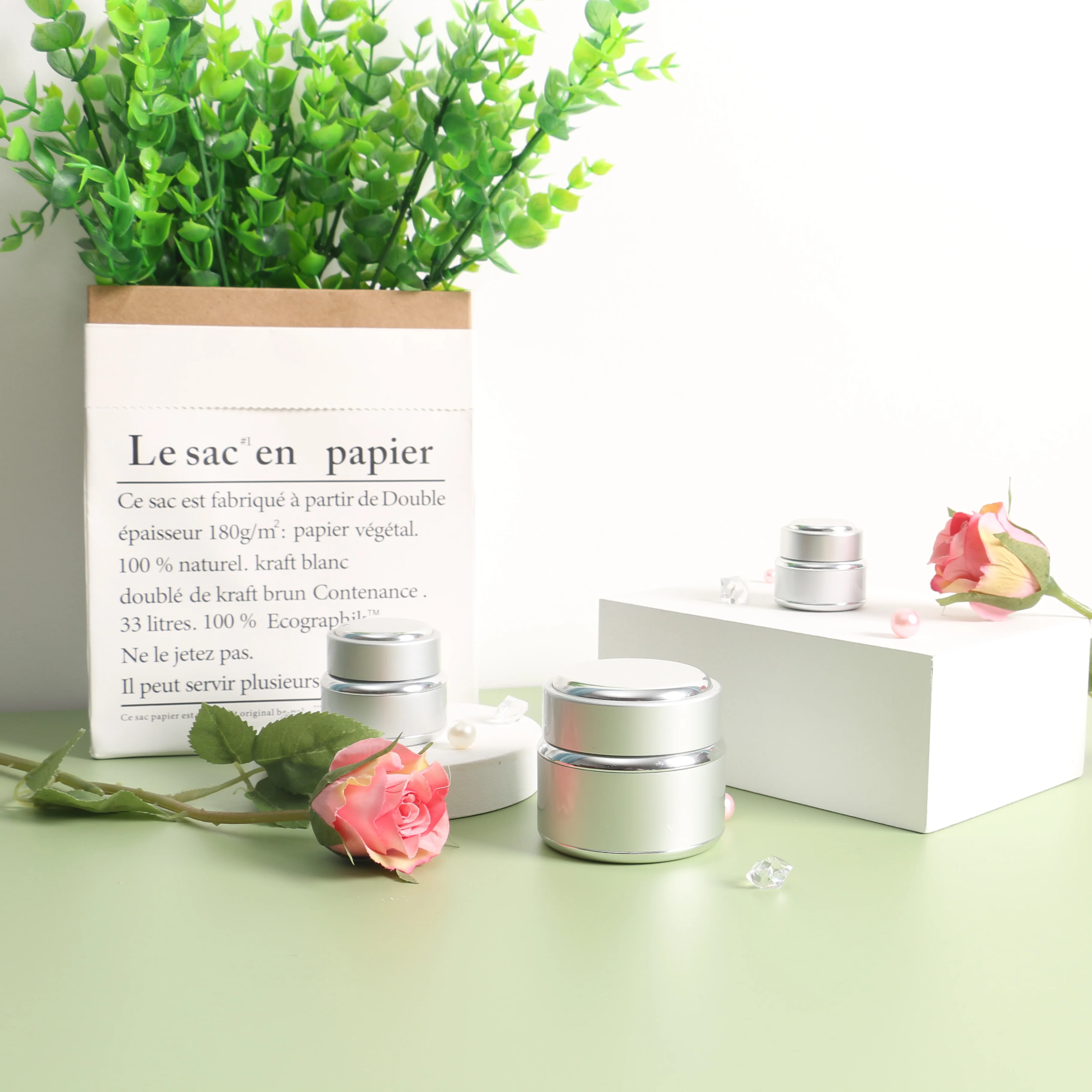 50g Silver Aluminum Empty Body Cream Stackable Glass Cosmetic Jars and Lids