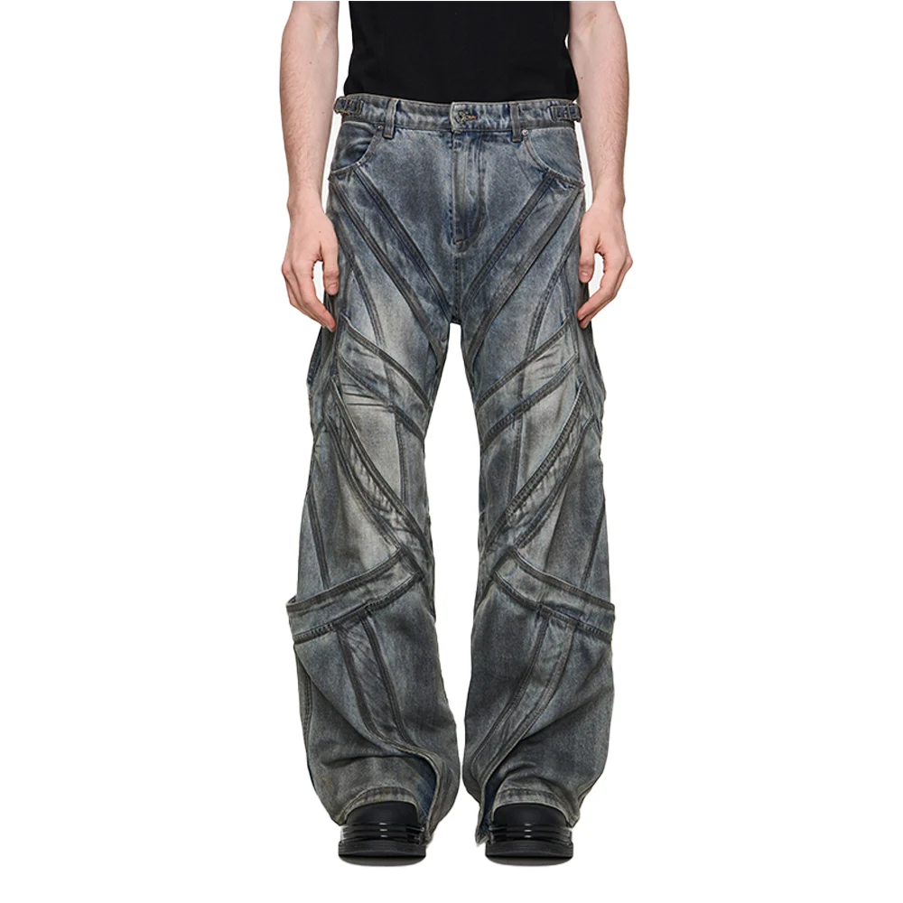 Custom Japanese fabric denim jeans street wear loose fit patchwork baggy jeans for men