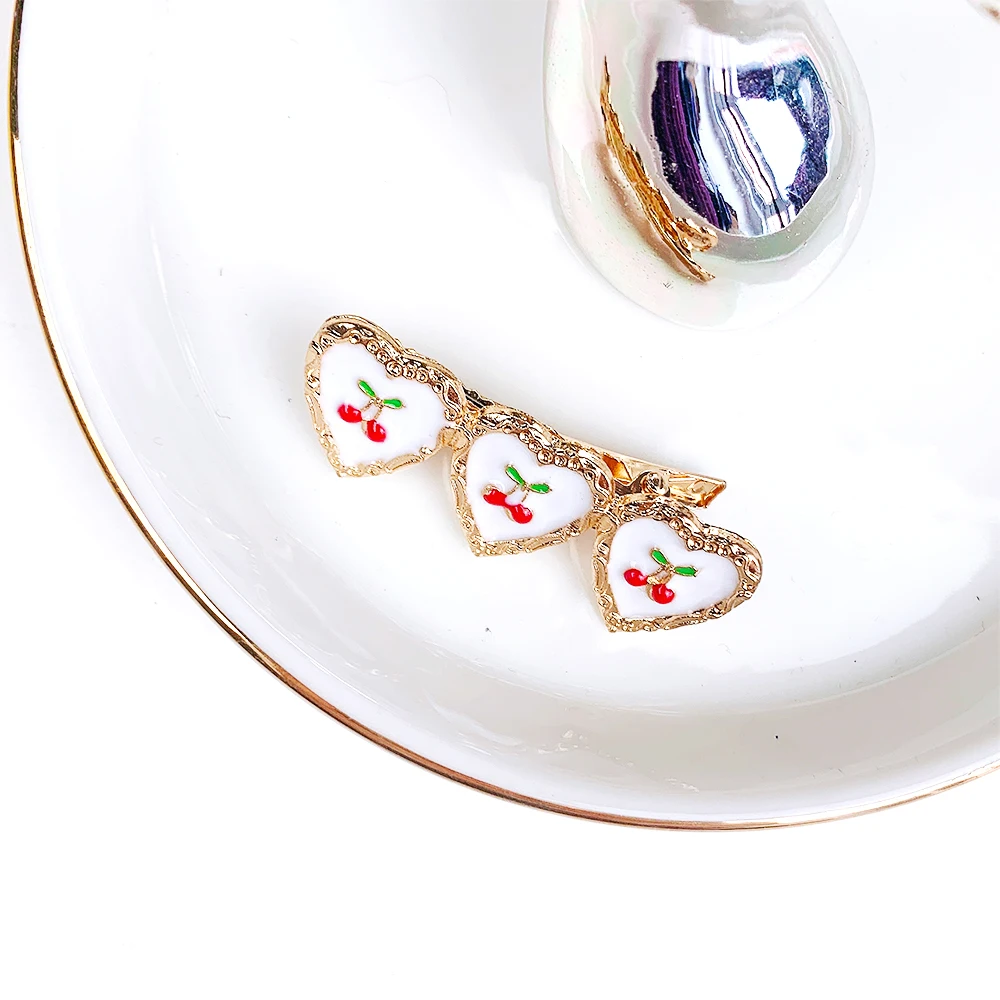 Fashion Metal Heart Enamel Cherry Hair Pin Acrylic Alligator Hair Clips for Girl
