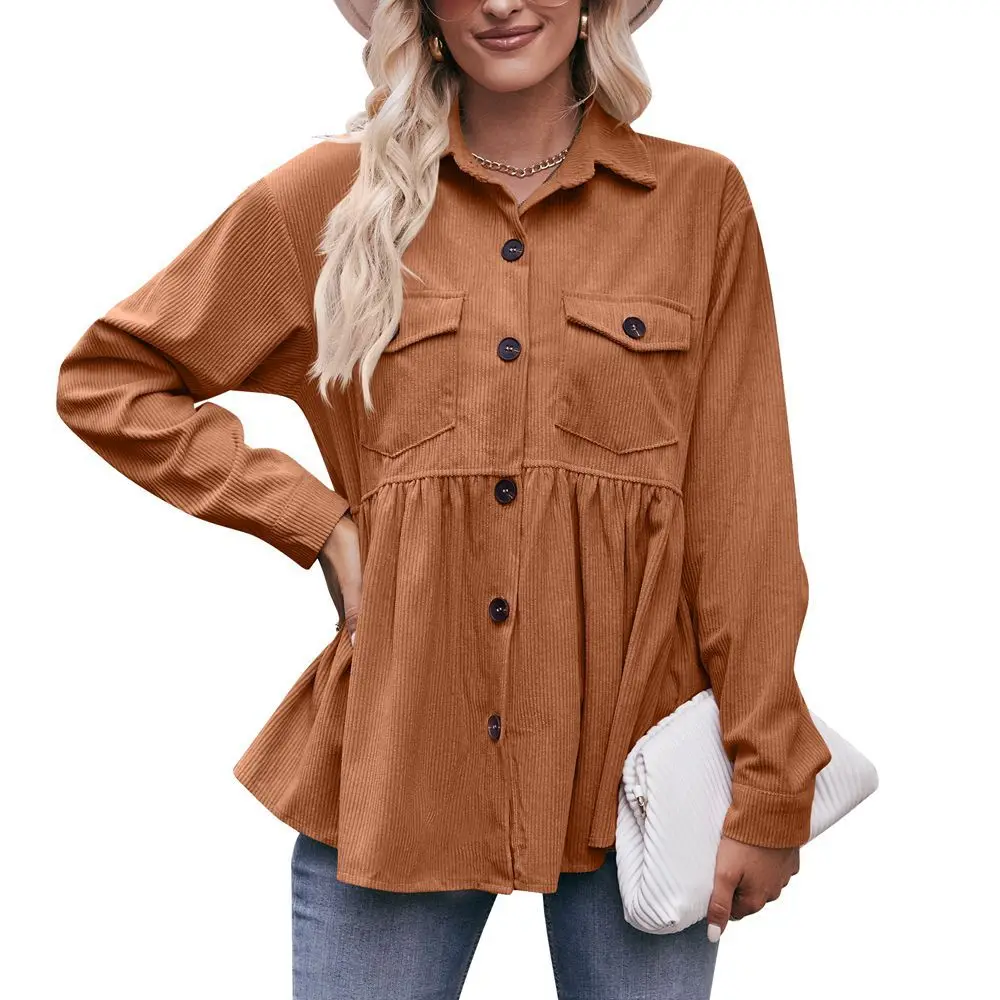 Women Vintage Corduroy Pockets Single Breasted Shirts Autumn Winter Trendy Solid Long Sleeve Loose Blouses Casual Streetwear Top