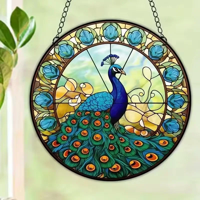 15CM green peacock acrylic disk pendant Vintage souvenir Window Wall Decoration Garden party Halloween decoration