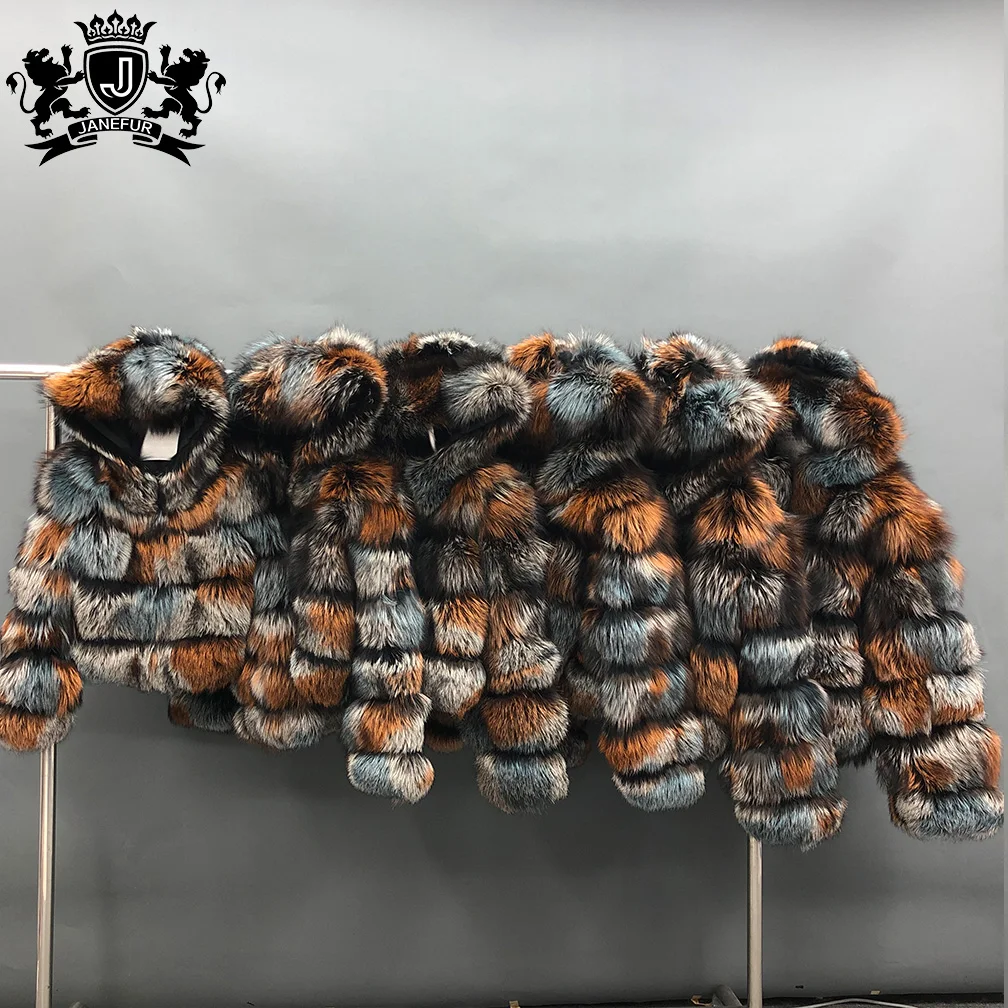 Winter Brown Hooded Short Raccoon Fur Coat Plus Size Real Fox Fur Bomber Jacket Crop Charming Fox Fur Coat
