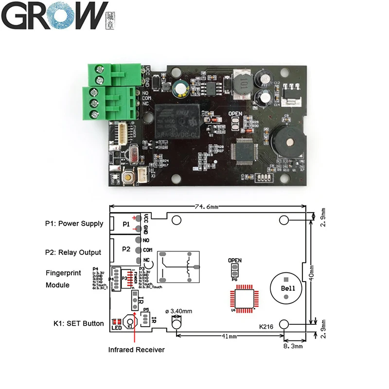 GROW KL216+R503 Relay Output Fingerprint Access Control Board Remote Control With Jog Mode/Ignition Mode/Self-locking Mode