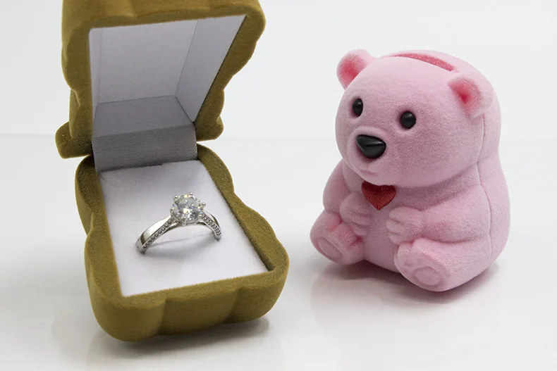 Customized Cute Small Pink Brown Jewellery Gift Box Travel Portable Velvet Teddy Bear Ring Jewelry Box