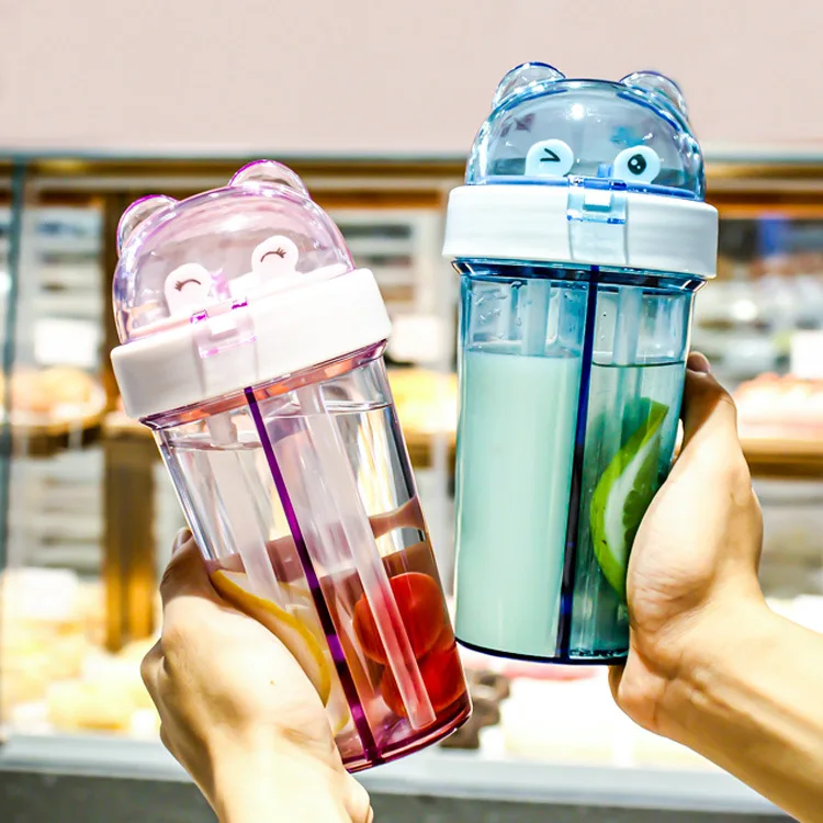 Wholesale Reusable Cute Pet Drinking Clear Acrylicjuice Tazas Cups,Portable Kawaii Double Drink Plastic Tumblers