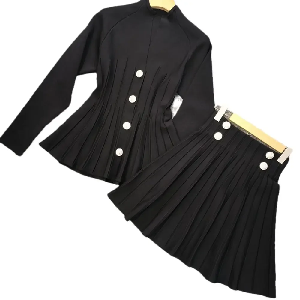 2025 Two Piece Set Spring Lady Suit Long Sleeve Single Breast Knit Cardigan Mini Pleated Skirt Women 2Pcs/set