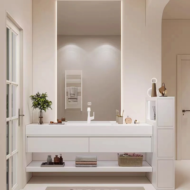 Hot Sale Single Sink Marble Bathroom Cabinet Modern Floating Washroom Solid Wood Vanity With Mirror