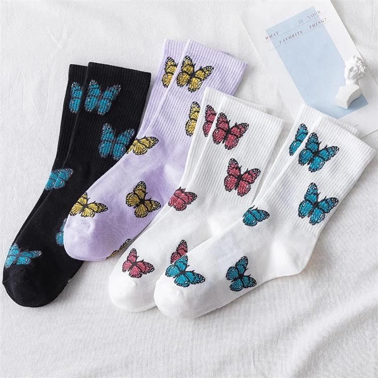 New Fashion Ladies Sock Fancy Butterfly Jacquard Breathable Cotton Socks Funky Butterflies Woman Socks