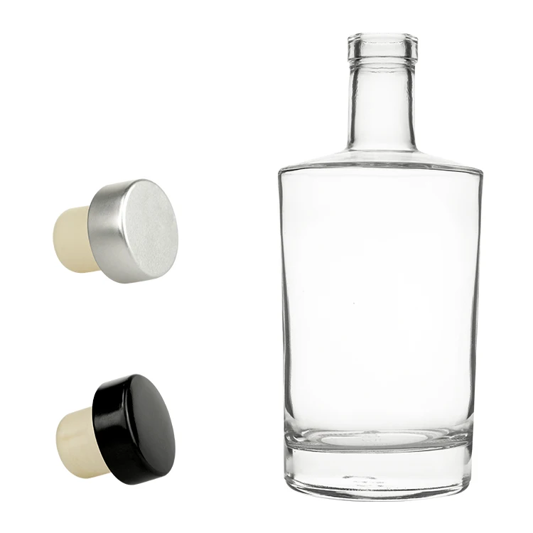 750ml Round Shape Flat Shoulder Vodka Whiskey Glass Liquor Bottle With Wooden Cork