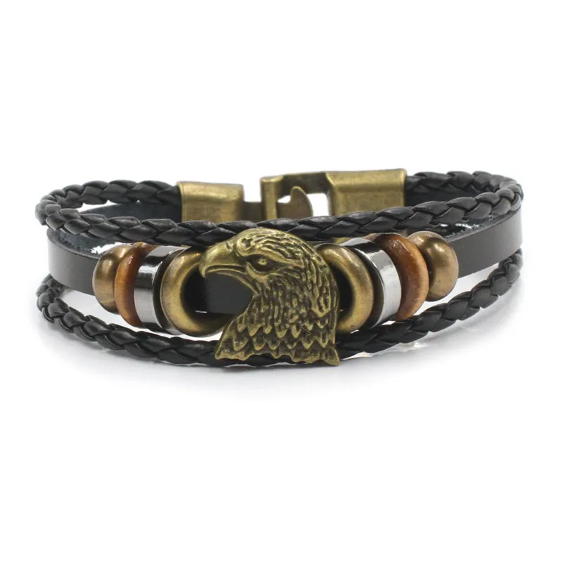 Leather Alloy Vintage Strap Wristband  Eagle Head Multilayer Knitting bracelet AYB006